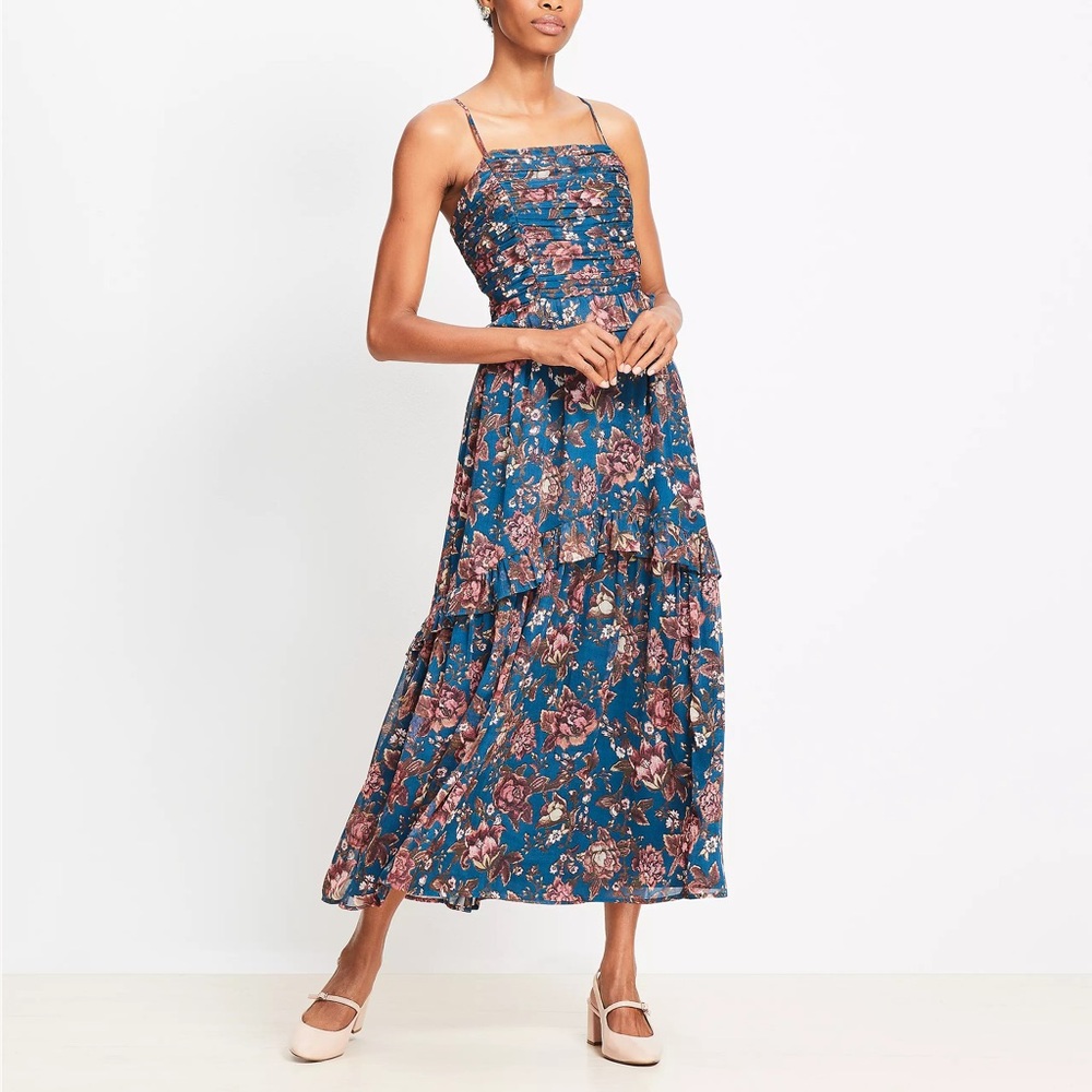 LOFT Floral Strappy Smocked Midi Dress Size Small Petite